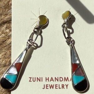 Zuni Handmade Turquoise and Opal Inlay Teardrop Dangle Earrings - Multi-Color